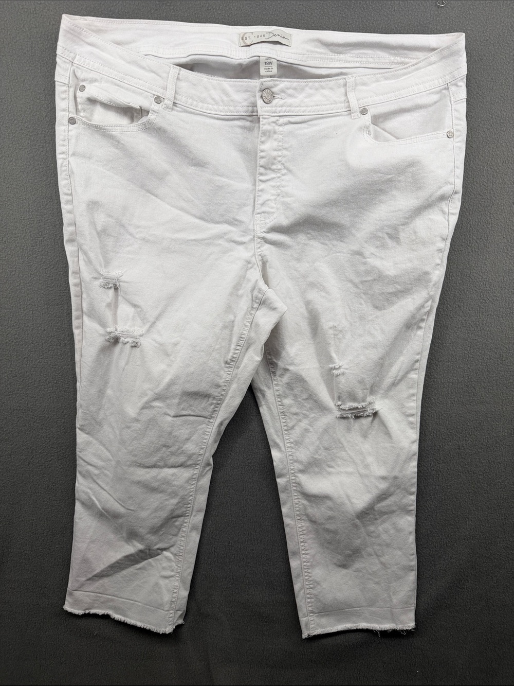 White Distressed Stretch Denim Capris - Womens